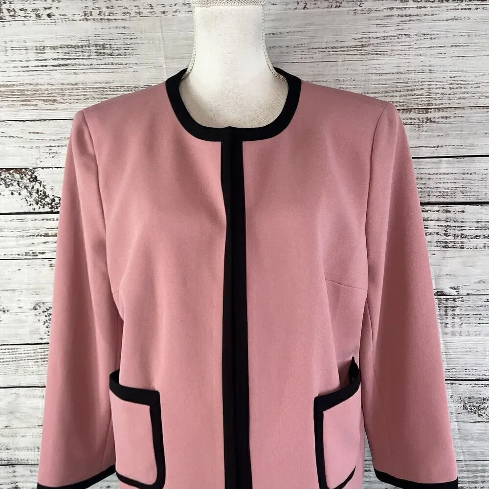 Nine West Blazer Jacket Mauve Pink Black Open Front Career Professional Church